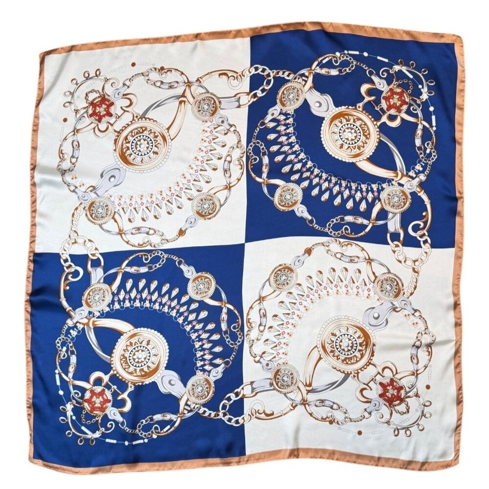 2/$30 White Navy Blue Red Nautical Antique Gold Baroque Printed Fashion Scarf - Picture 9 of 11